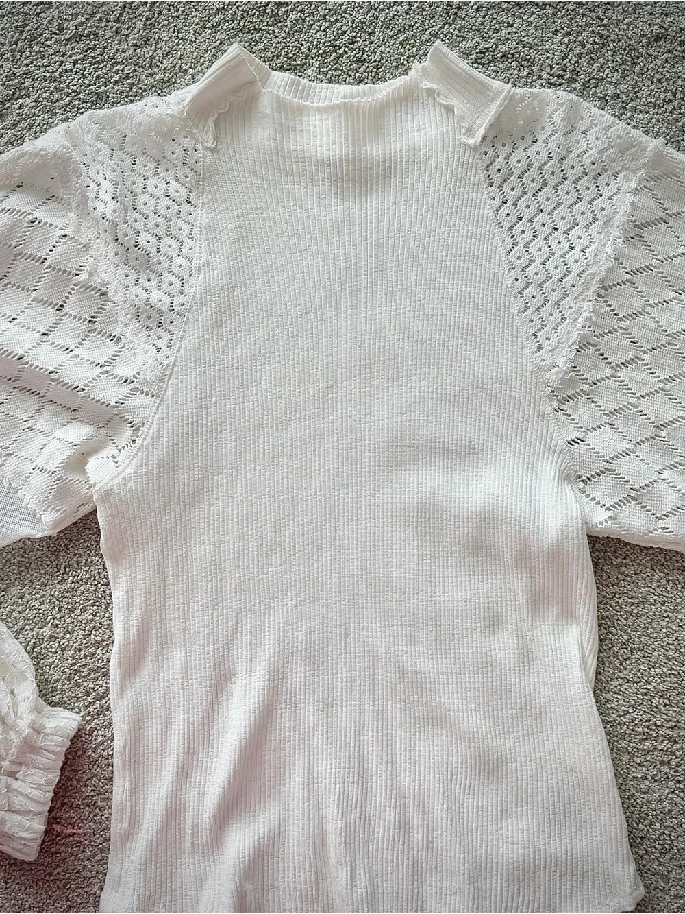Free People White Lace Balloon Sleeve Mock Neck Ribbed Top